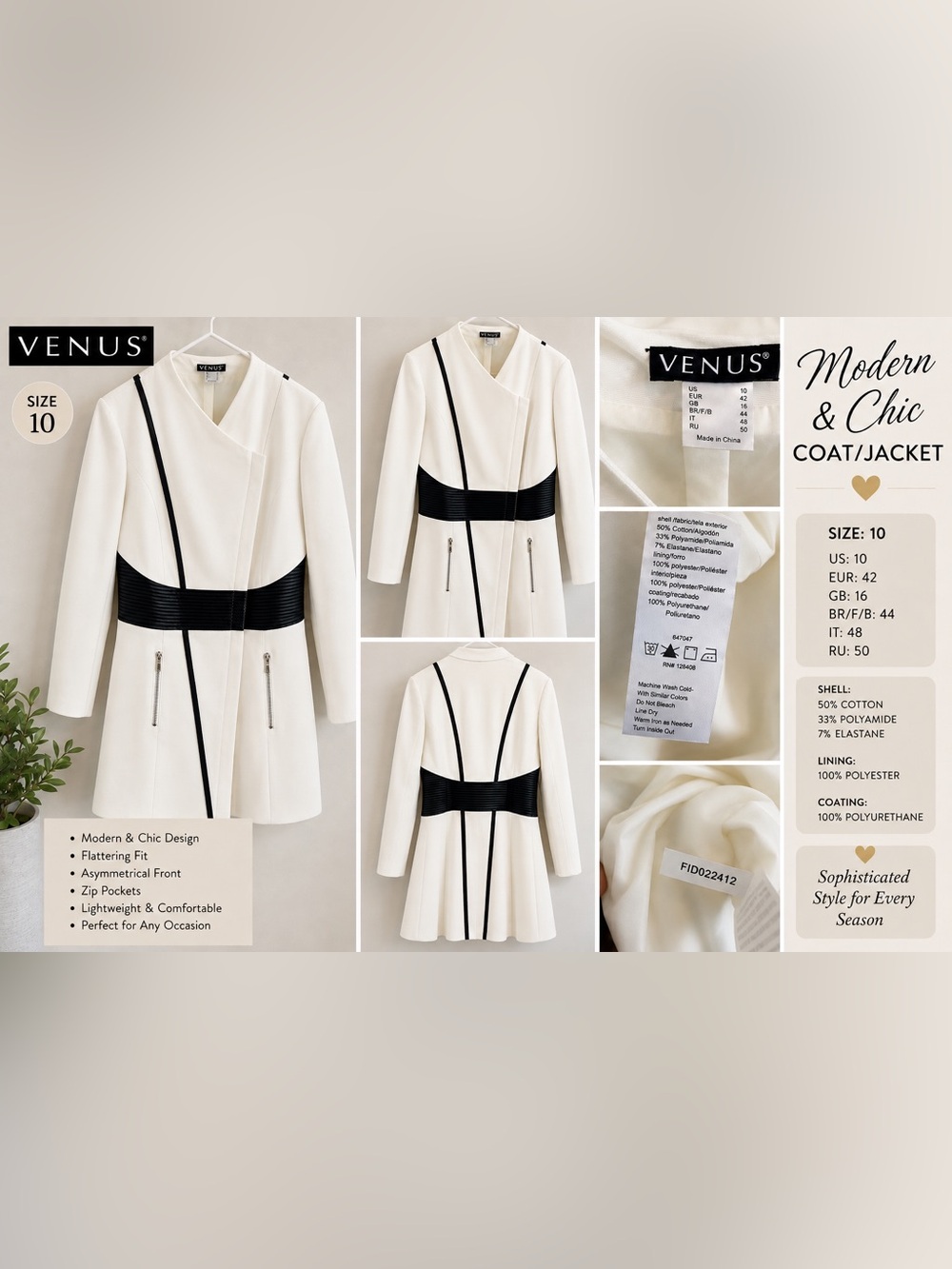 VENUS Cream Asymmetrical Coat Faux Leather Black Trim & Waistband. Size U.S. 10